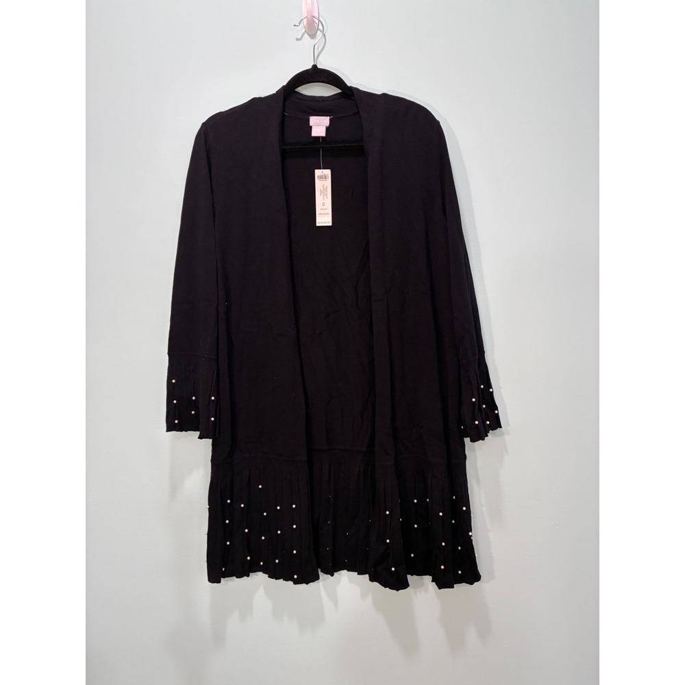 Chicos Fancy Cardi Black Pearl Embellished Pleated Open Front Cardigan 2 L NEW